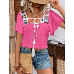 Boho Floral Crochet‎ Square Neck Blouse Pink Flutter Sleeve Summer Top NEW Sz XL